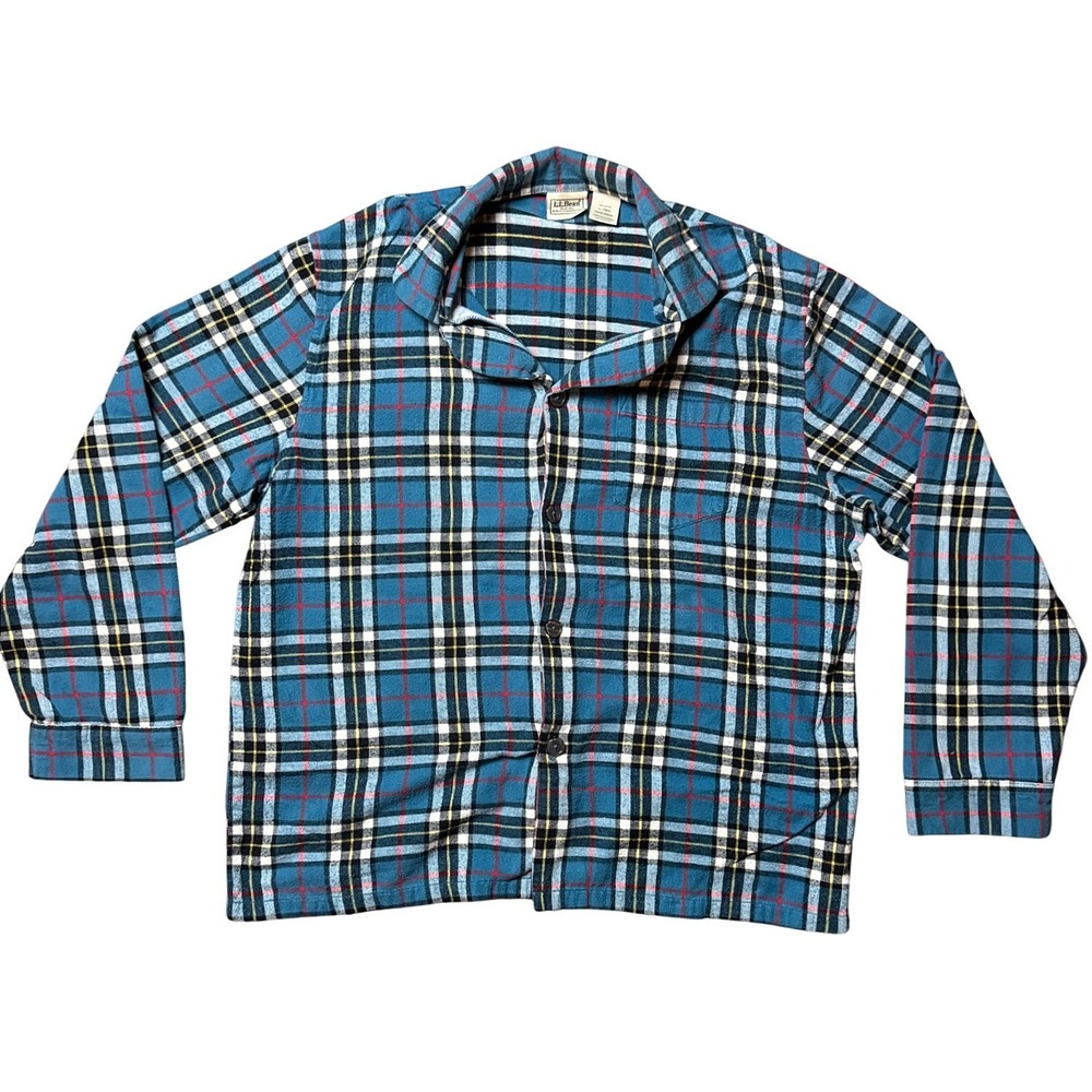 LL Bean Flannel Pajama Set Mens Large Blue Plaid Cotton 2 Piece Sleepwear PJs